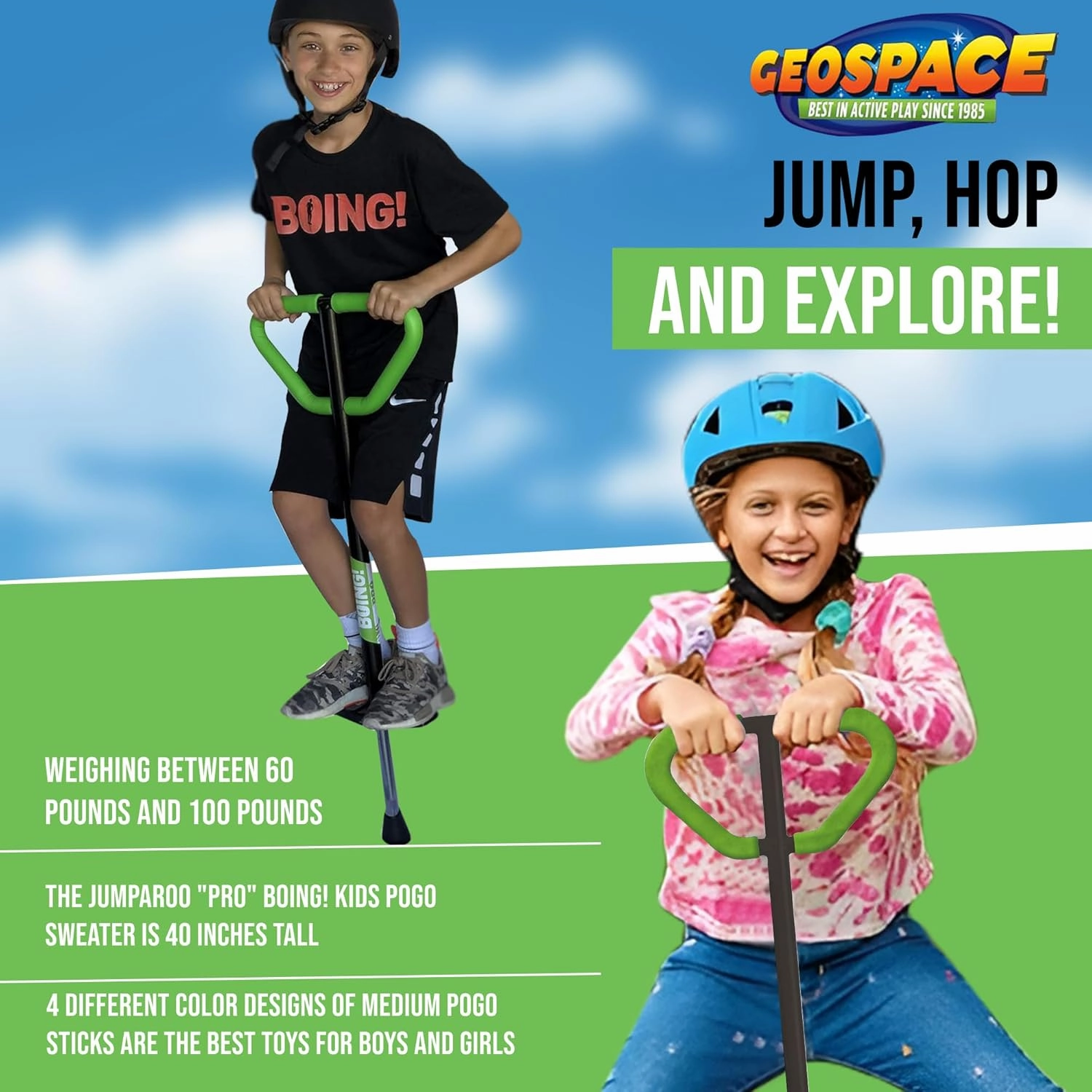 Geospace Jumparoo Boing! 'PRO' Medium Pogo Stick for Kids - Supports 60-100lbs –Outdoor Toy for Boys and Girls– Active Play for Balance, Coordination, Exercise & Fitness (Red with Blue wrap)