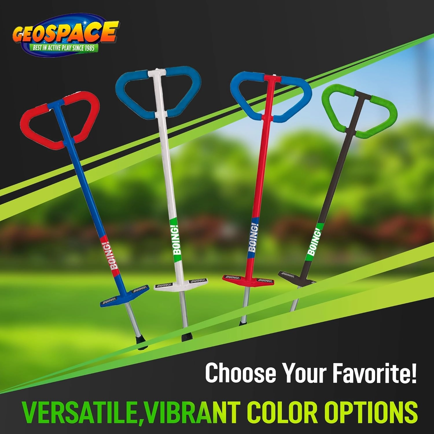 Geospace Jumparoo Boing! 'PRO' Medium Pogo Stick for Kids - Supports 60-100lbs –Outdoor Toy for Boys and Girls– Active Play for Balance, Coordination, Exercise & Fitness (Red with Blue wrap)