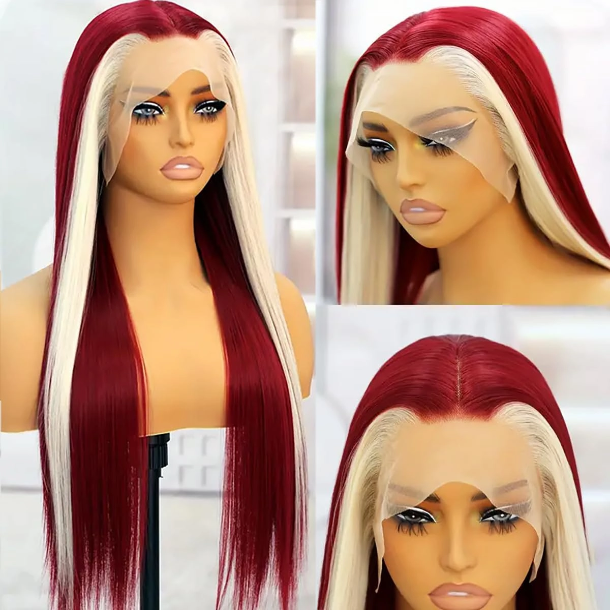 GIANNAY 13x4 Lace Front Wigs 26 Inch (Straight-Ears Blonde Streak Burgundy Red)