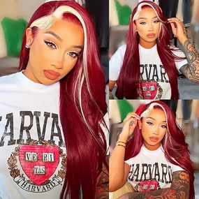 GIANNAY 13x4 Lace Front Wigs 26 Inch (Straight-Ears Blonde Streak Burgundy Red)