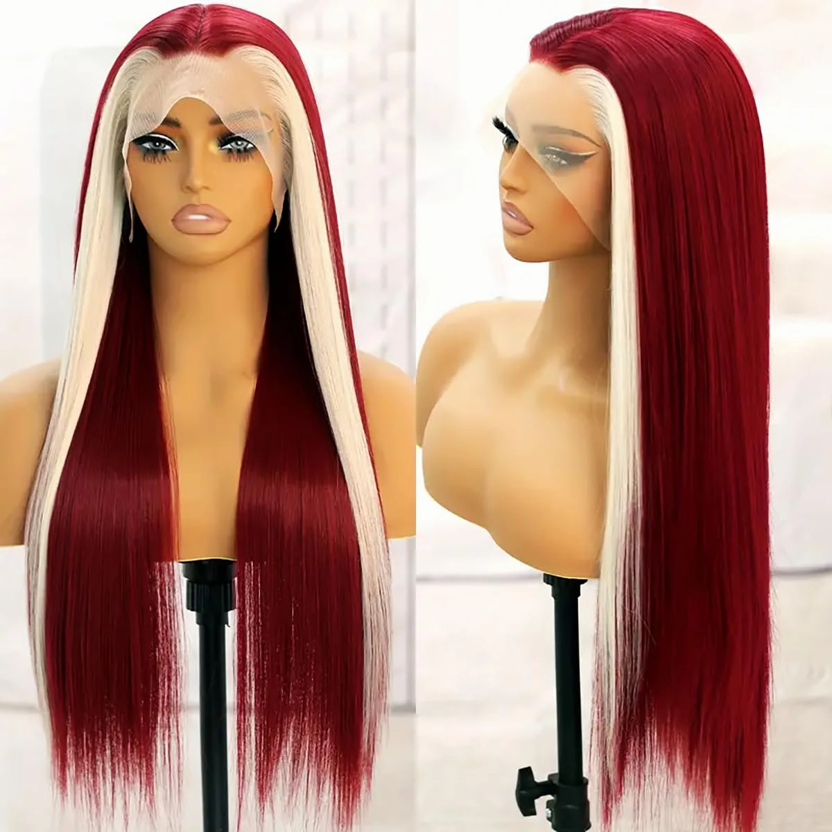 GIANNAY 13x4 Lace Front Wigs 26 Inch (Straight-Ears Blonde Streak Burgundy Red)