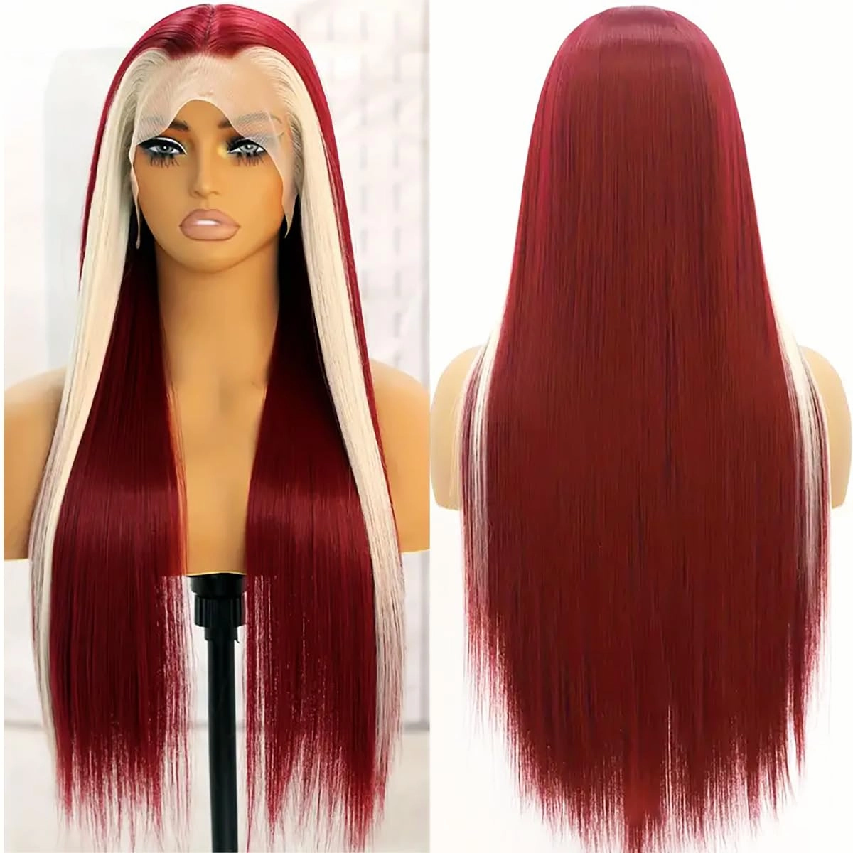 GIANNAY 13x4 Lace Front Wigs 26 Inch (Straight-Ears Blonde Streak Burgundy Red)