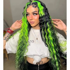GIANNAY Green and Black Wigs Curly Lace Front Wig Pre Plucked Lace Wigs for Black Women Green Streak Long Wavy Wigs 13 x 4 Lace Front Wig