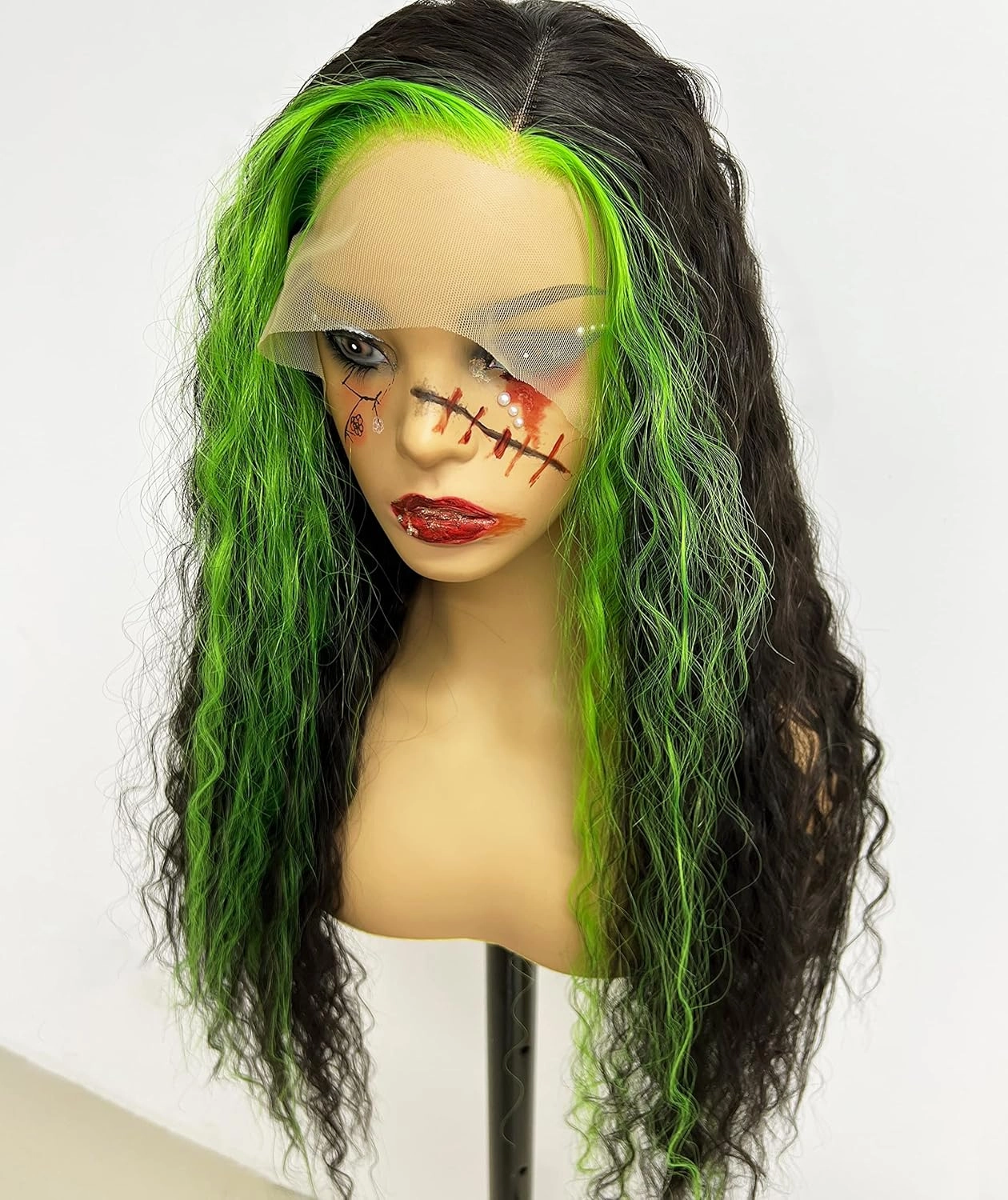 GIANNAY Green and Black Wigs Curly Lace Front Wig Pre Plucked Lace Wigs for Black Women Green Streak Long Wavy Wigs 13 x 4 Lace Front Wig