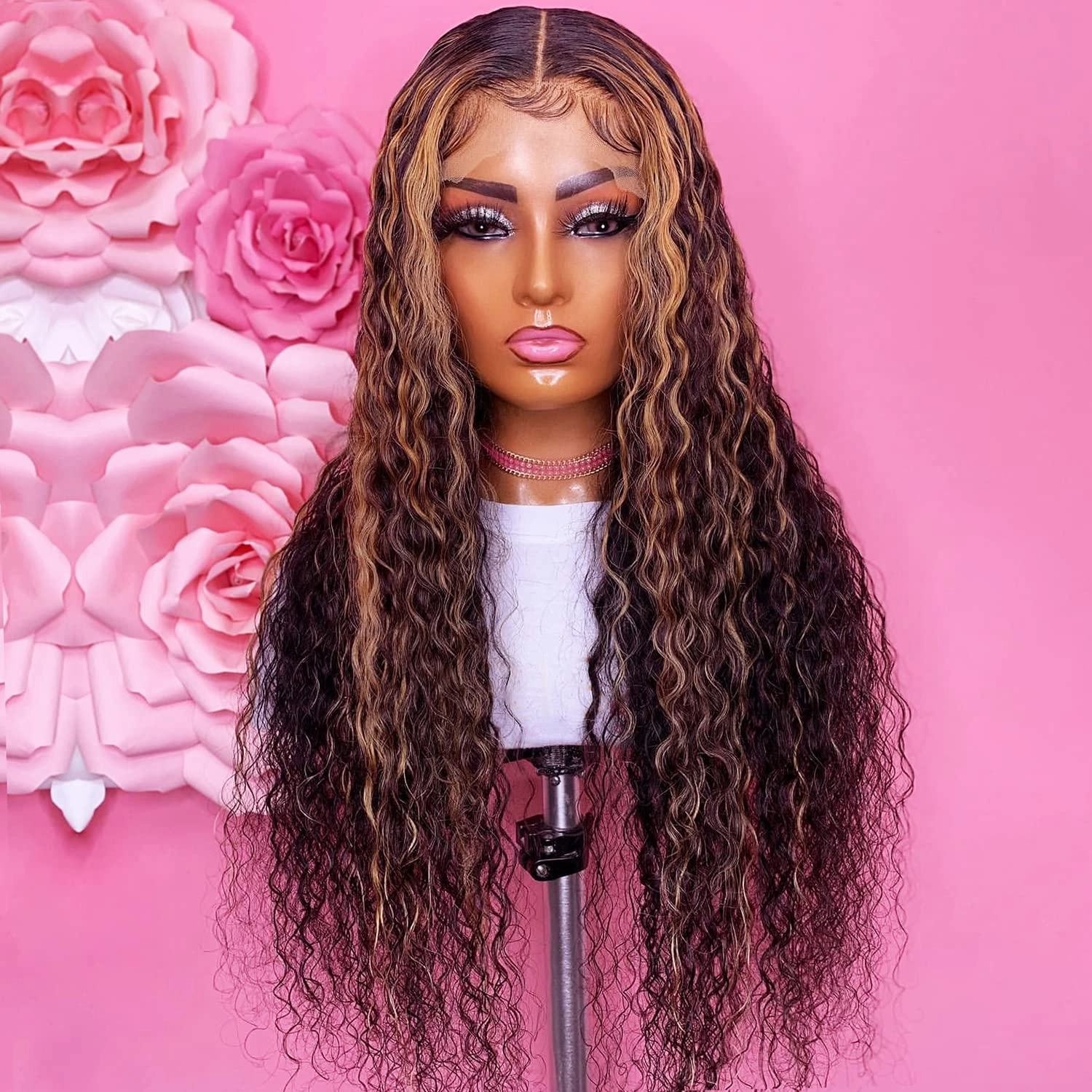 GIANNAY Highlight Wigs,Brown Lace Front Wig for Black Women, Curly Wigs, Brown and Black Strunk Streak Glueless Lace Front Wigs for Women 24-26 Inches