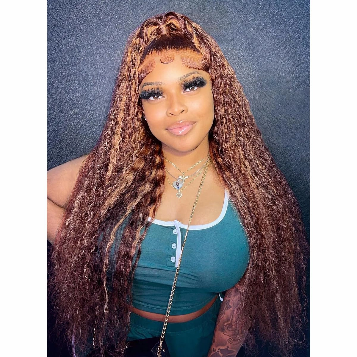 GIANNAY Highlight Wigs,Brown Lace Front Wig for Black Women, Curly Wigs, Brown and Black Strunk Streak Glueless Lace Front Wigs for Women 24-26 Inches