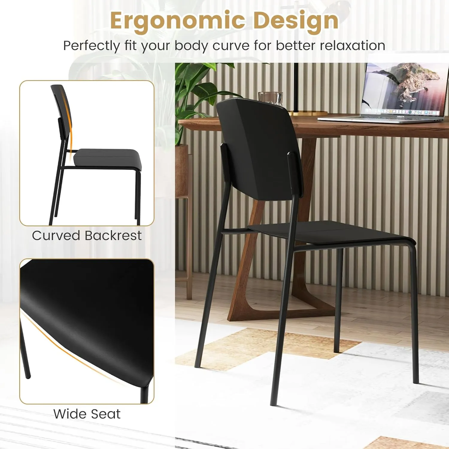 Giantex Stackable Dining Chairs Set of 2, Modern Kitchen Chairs w/Metal Legs & Curved Back, Load up to 350 LBS, Plastic Armless Side Chairs for Living Dining Room Home Restaurant, Black
