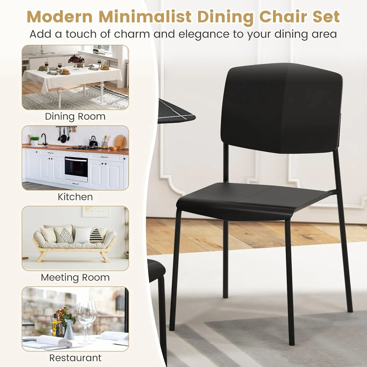 Giantex Stackable Dining Chairs Set of 2, Modern Kitchen Chairs w/Metal Legs & Curved Back, Load up to 350 LBS, Plastic Armless Side Chairs for Living Dining Room Home Restaurant, Black