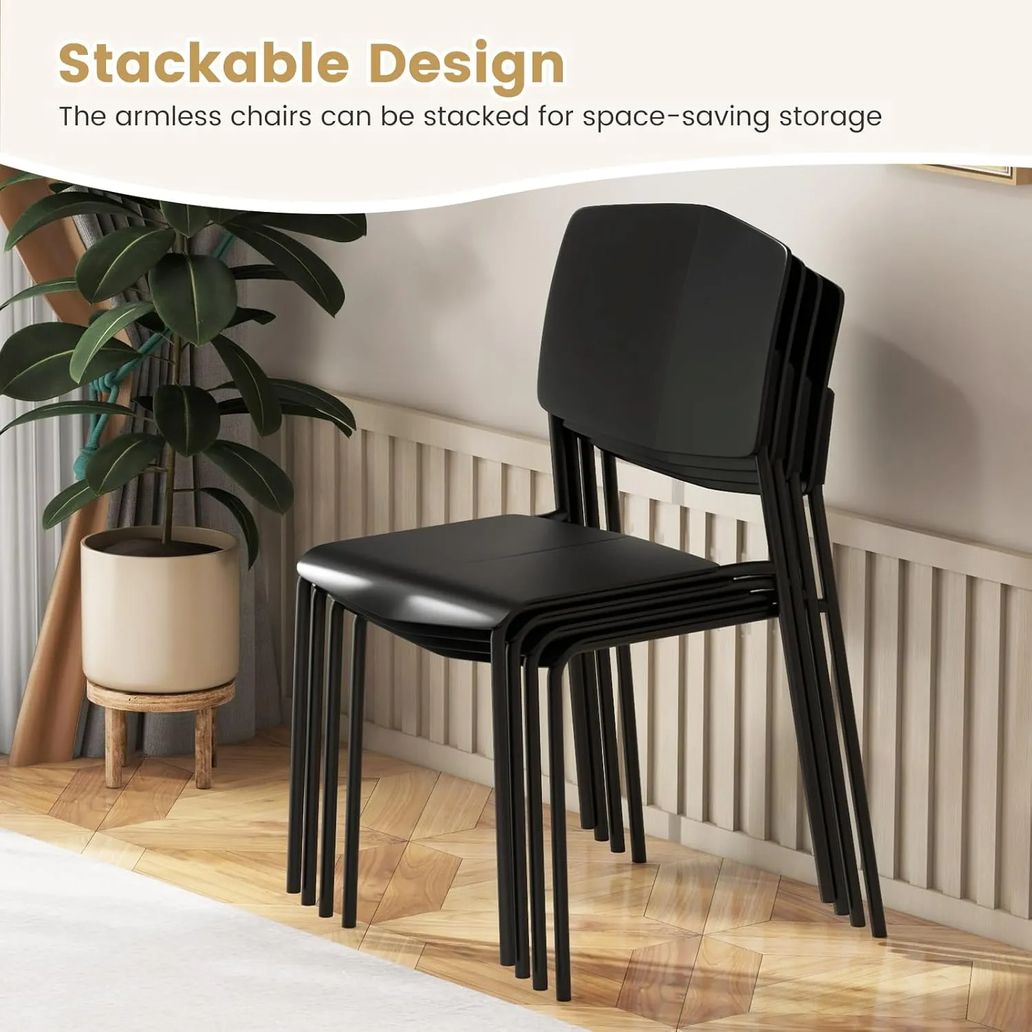 Giantex Stackable Dining Chairs Set of 2, Modern Kitchen Chairs w/Metal Legs & Curved Back, Load up to 350 LBS, Plastic Armless Side Chairs for Living Dining Room Home Restaurant, Black