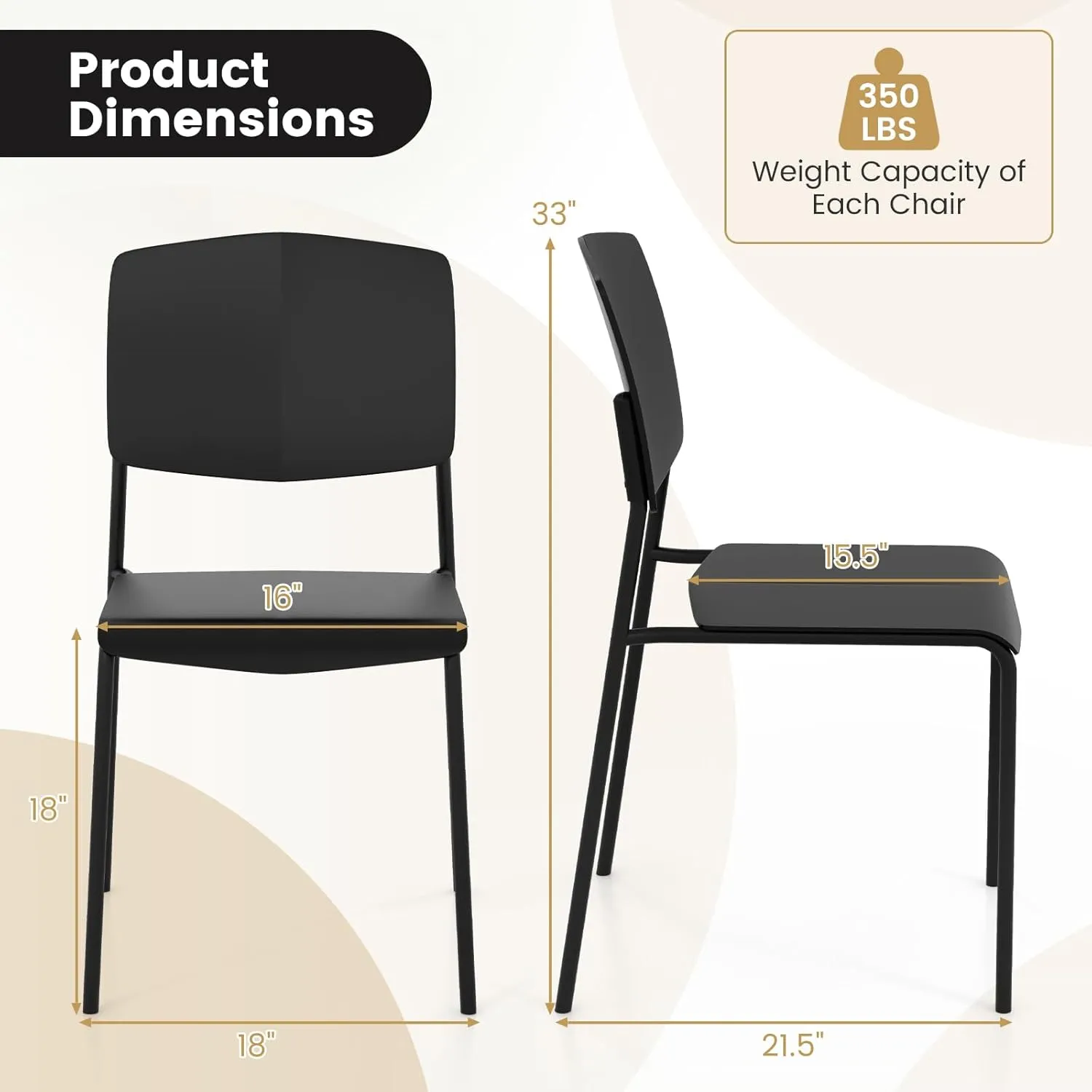 Giantex Stackable Dining Chairs Set of 2, Modern Kitchen Chairs w/Metal Legs & Curved Back, Load up to 350 LBS, Plastic Armless Side Chairs for Living Dining Room Home Restaurant, Black