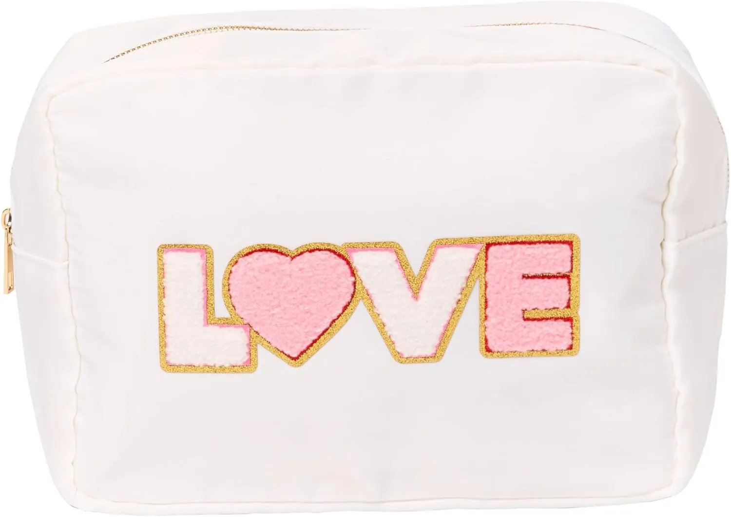 Girls Large Nylon Makeup Bag with Love Patch Stylish Travel Makeup Bag and Cosmetic Bags for Girls and Teens