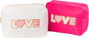 Girls Large Nylon Makeup Bag with Love Patch Stylish Travel Makeup Bag and Cosmetic Bags for Girls and Teens