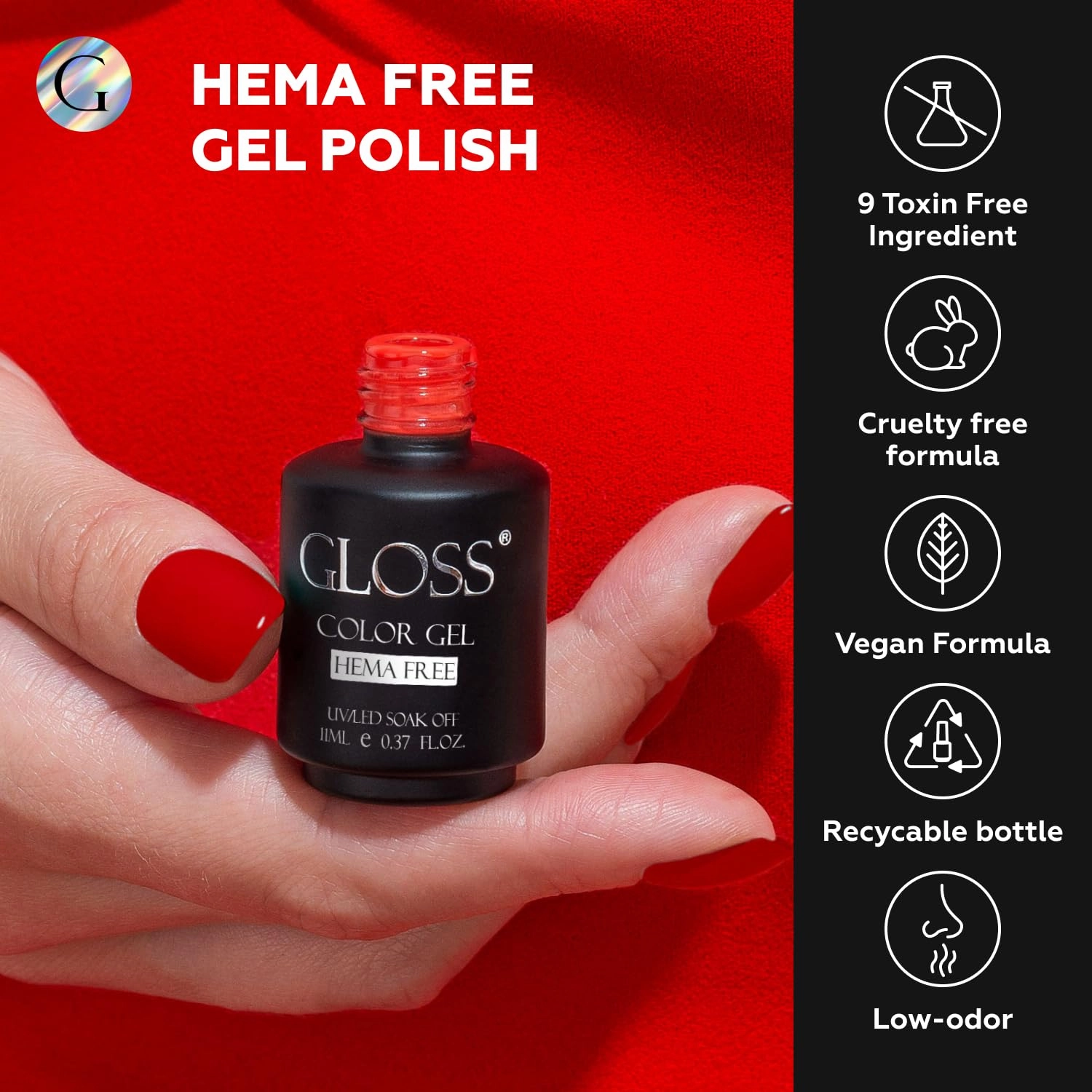 GLOSS HEMA Free Gel Polish Set | 6 Pcs Red Nail Polish with Raspberry, Maroon, Ruby, Rosewood, Burgundy, & Red Wine Colors, Soak off UV LED Polish, Manicure at Home, Nail Art Gifts for Women
