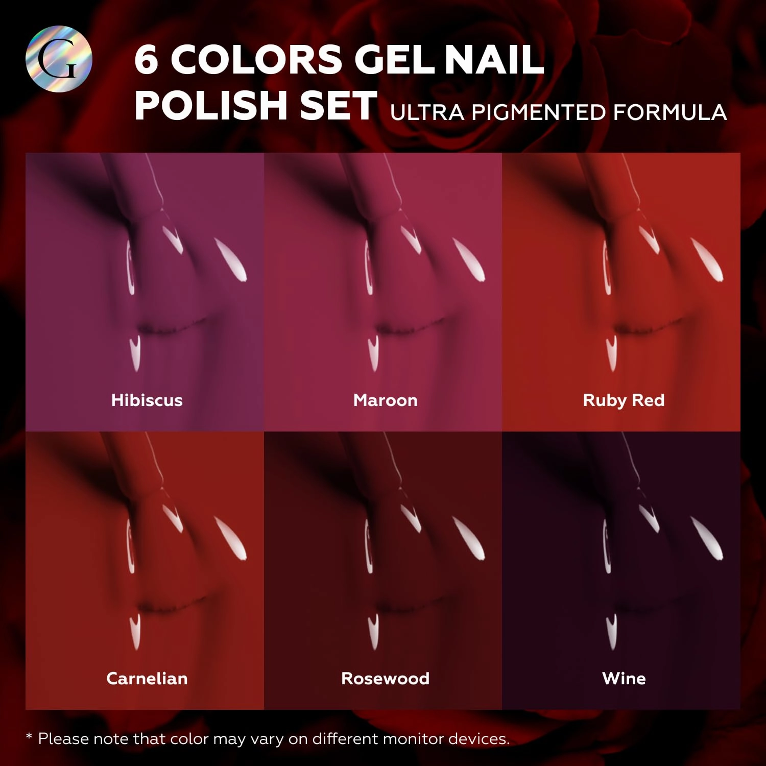 GLOSS HEMA Free Gel Polish Set | 6 Pcs Red Nail Polish with Raspberry, Maroon, Ruby, Rosewood, Burgundy, & Red Wine Colors, Soak off UV LED Polish, Manicure at Home, Nail Art Gifts for Women