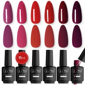 GLOSS HEMA Free Gel Polish Set | 6 Pcs Red Nail Polish with Raspberry, Maroon, Ruby, Rosewood, Burgundy, & Red Wine Colors, Soak off UV LED Polish, Manicure at Home, Nail Art Gifts for Women