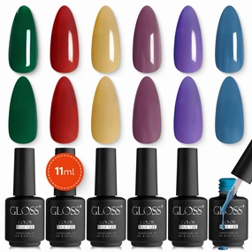 GLOSS Jelly Gel Nail Polish Set | 6 Pcs Color Base with Forest Green, Red, Yellow, Burgundy, Navy Blue & Dark Blue Colors, UV LED Gel Nail Polish, Soak off Nail Art, DIY at Home Gifts for Women