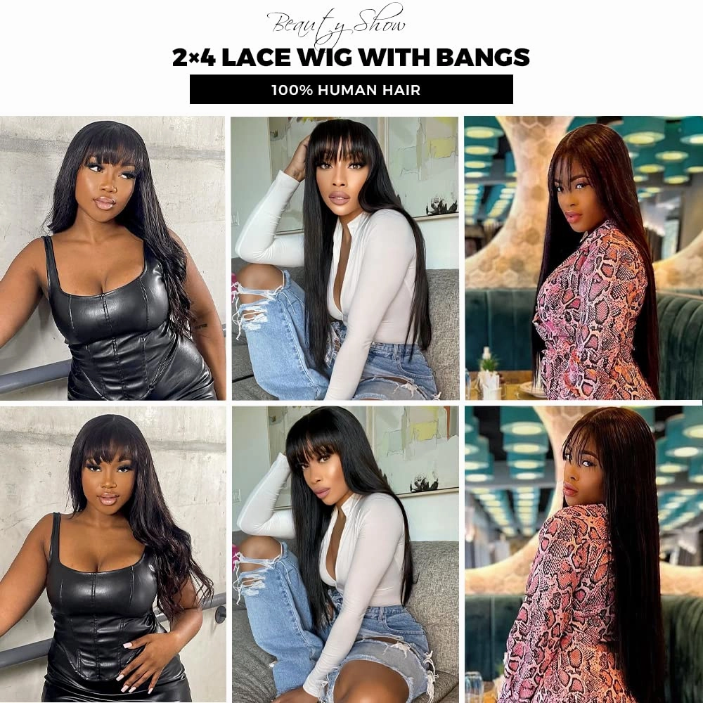 Glueless Human Hair Wigs with Bangs for Black Women 180% Density Straight 2x4 Lace Front Wigs Human Hair Wig with Bangs Wigs 100% Brazilian Virgin Human Hair Middle Part Natural Color 26inch
