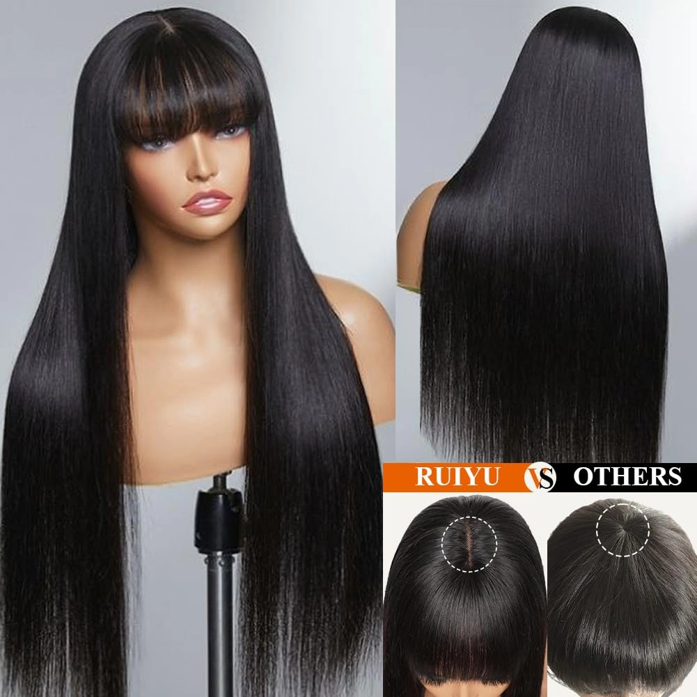 Glueless Human Hair Wigs with Bangs for Black Women 180% Density Straight 2x4 Lace Front Wigs Human Hair Wig with Bangs Wigs 100% Brazilian Virgin Human Hair Middle Part Natural Color 26inch