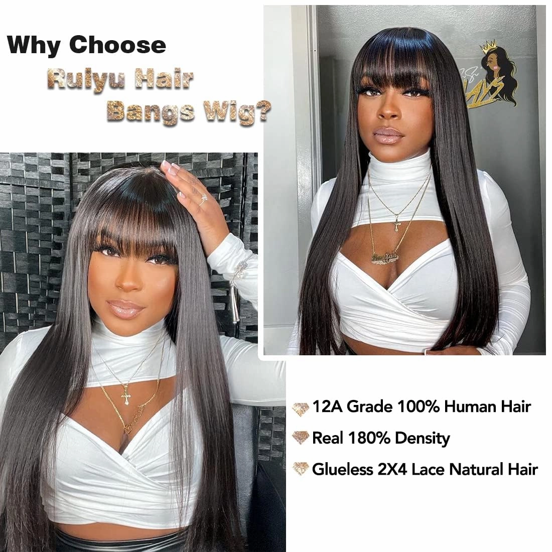Glueless Human Hair Wigs with Bangs for Black Women 180% Density Straight 2x4 Lace Front Wigs Human Hair Wig with Bangs Wigs 100% Brazilian Virgin Human Hair Middle Part Natural Color 26inch