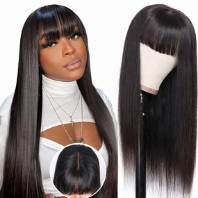 Glueless Human Hair Wigs with Bangs for Black Women 180% Density Straight 2x4 Lace Front Wigs Human Hair Wig with Bangs Wigs 100% Brazilian Virgin Human Hair Middle Part Natural Color 26inch