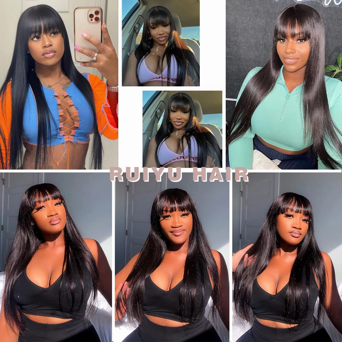 Glueless Human Hair Wigs with Bangs for Black Women 180% Density Straight 2x4 Lace Front Wigs Human Hair Wig with Bangs Wigs 100% Brazilian Virgin Human Hair Middle Part Natural Color 26inch