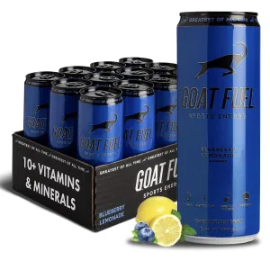 G.O.A.T. Fuel Energy Drink, Natural Caffeine, Electrolytes, BCAAs, Cordyceps Mushrooms & Antioxidants, Lightly Carbonated Pre Workout & Sports Energy Drink, 12-Pack, 12 fl oz Cans, Blueberry Lemonade
