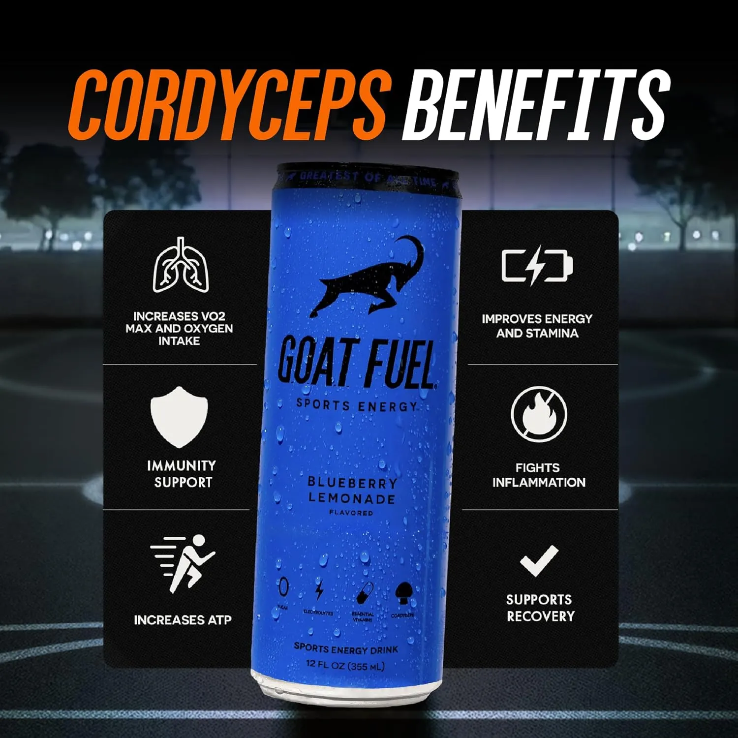 G.O.A.T. Fuel Energy Drink, Natural Caffeine, Electrolytes, BCAAs, Cordyceps Mushrooms & Antioxidants, Lightly Carbonated Pre Workout & Sports Energy Drink, 12-Pack, 12 fl oz Cans, Blueberry Lemonade