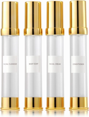 Golden Airless Pump Bottle Travel Set with Box Refillable Empty Cosmetic Pump Bottle Vacuum Bottles for Liquids Such as Hand Soap,Toner,Foundation,Hair Oil,Lotion and Cream(1oz/30ml,4 Pack)