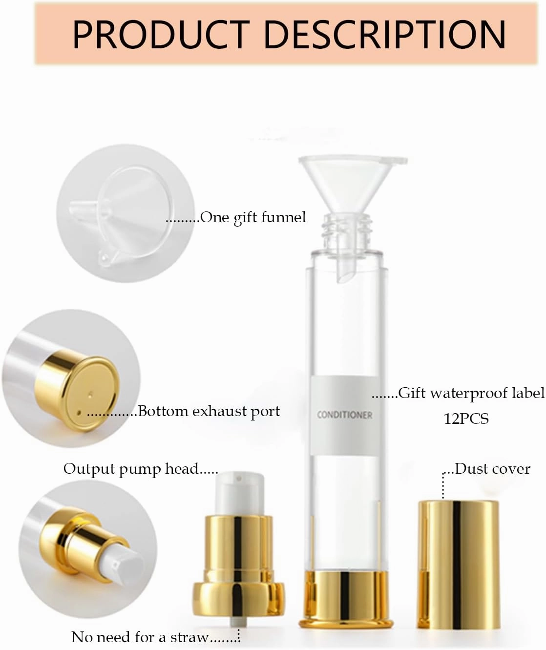 Golden Airless Pump Bottle Travel Set with Box Refillable Empty Cosmetic Pump Bottle Vacuum Bottles for Liquids Such as Hand Soap,Toner,Foundation,Hair Oil,Lotion and Cream(1oz/30ml,4 Pack)