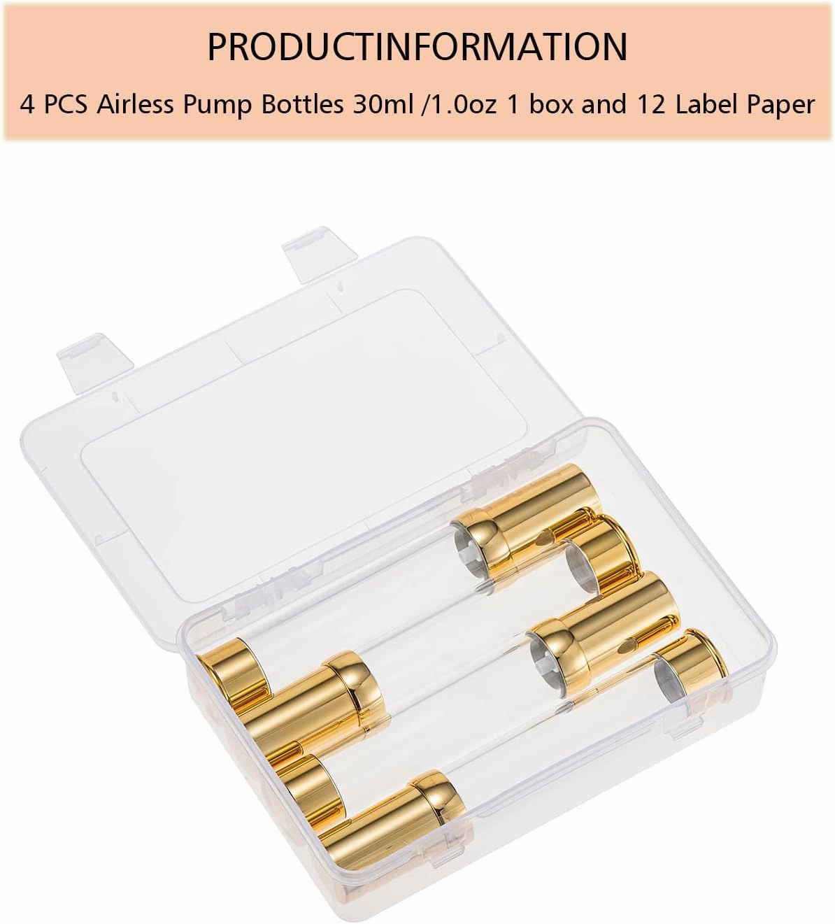 Golden Airless Pump Bottle Travel Set with Box Refillable Empty Cosmetic Pump Bottle Vacuum Bottles for Liquids Such as Hand Soap,Toner,Foundation,Hair Oil,Lotion and Cream(1oz/30ml,4 Pack)
