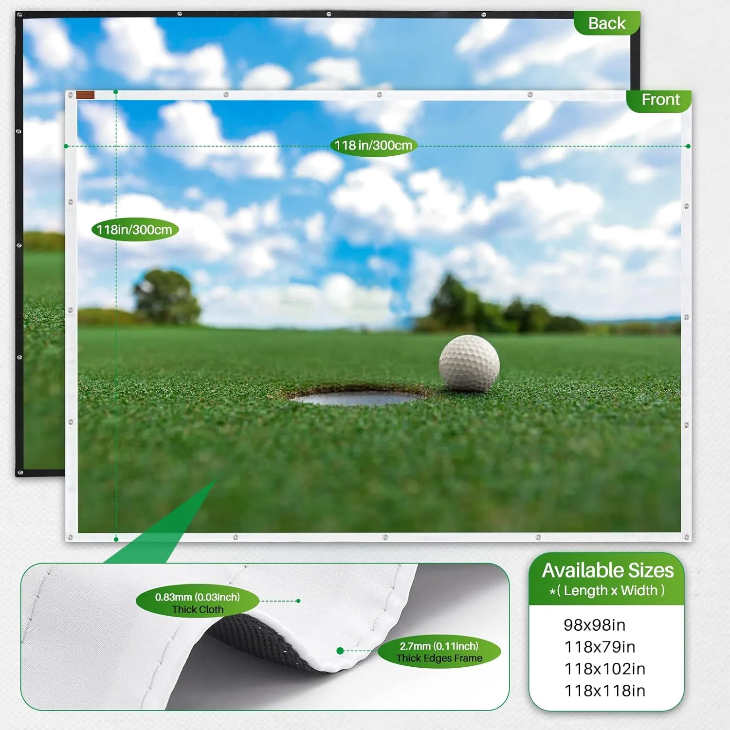 Golf Simulator Impact Screen Display Projection Screen for Golf Training, 20pcs Ball Bungee Cords, Indoor Super Clear Golf Impact Screen, Available in 5 Sizes