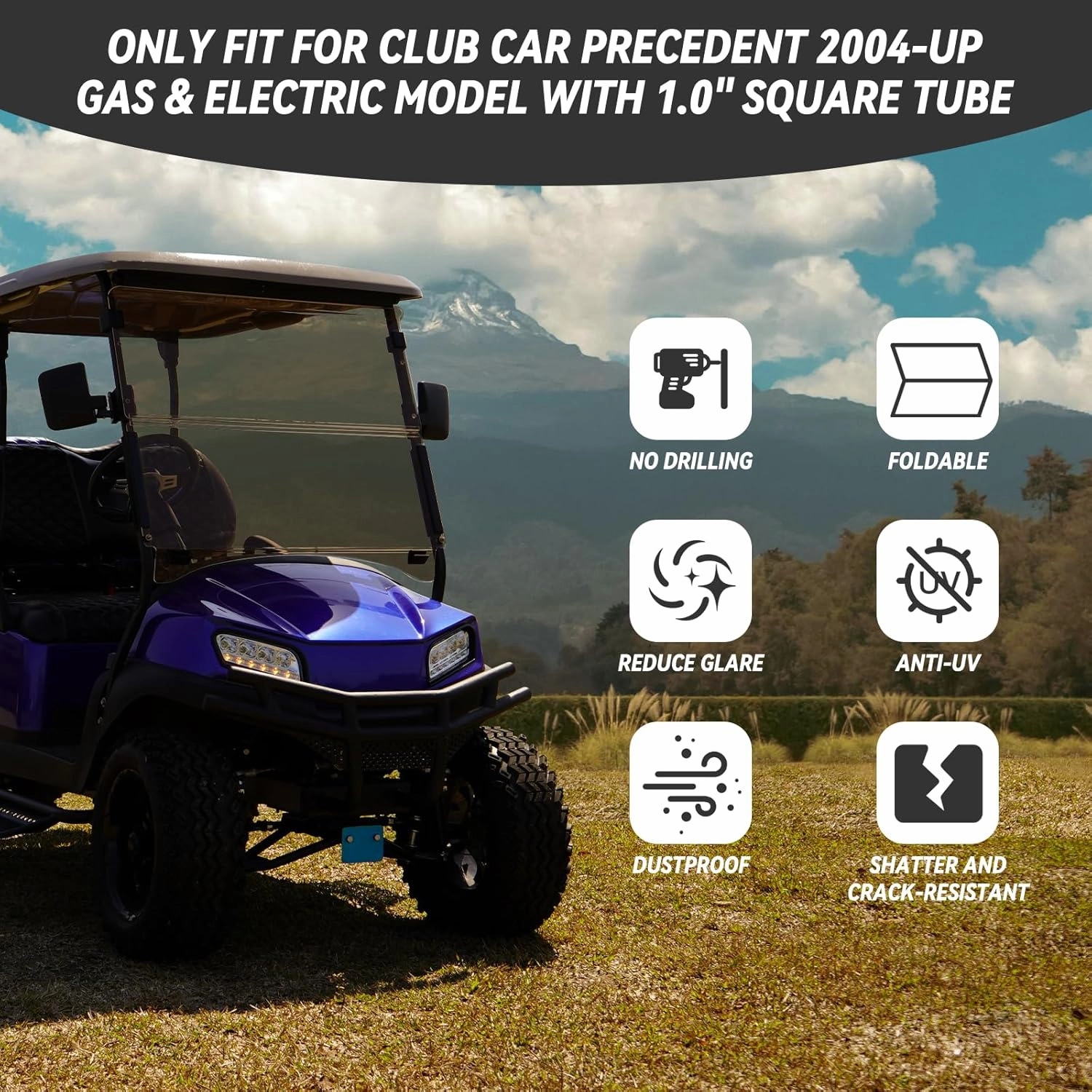 Golf Cart Windshield for Club Car DS Precedent, Clear/Tinted Fold Down Windshield Anti-UV Impact Resistant