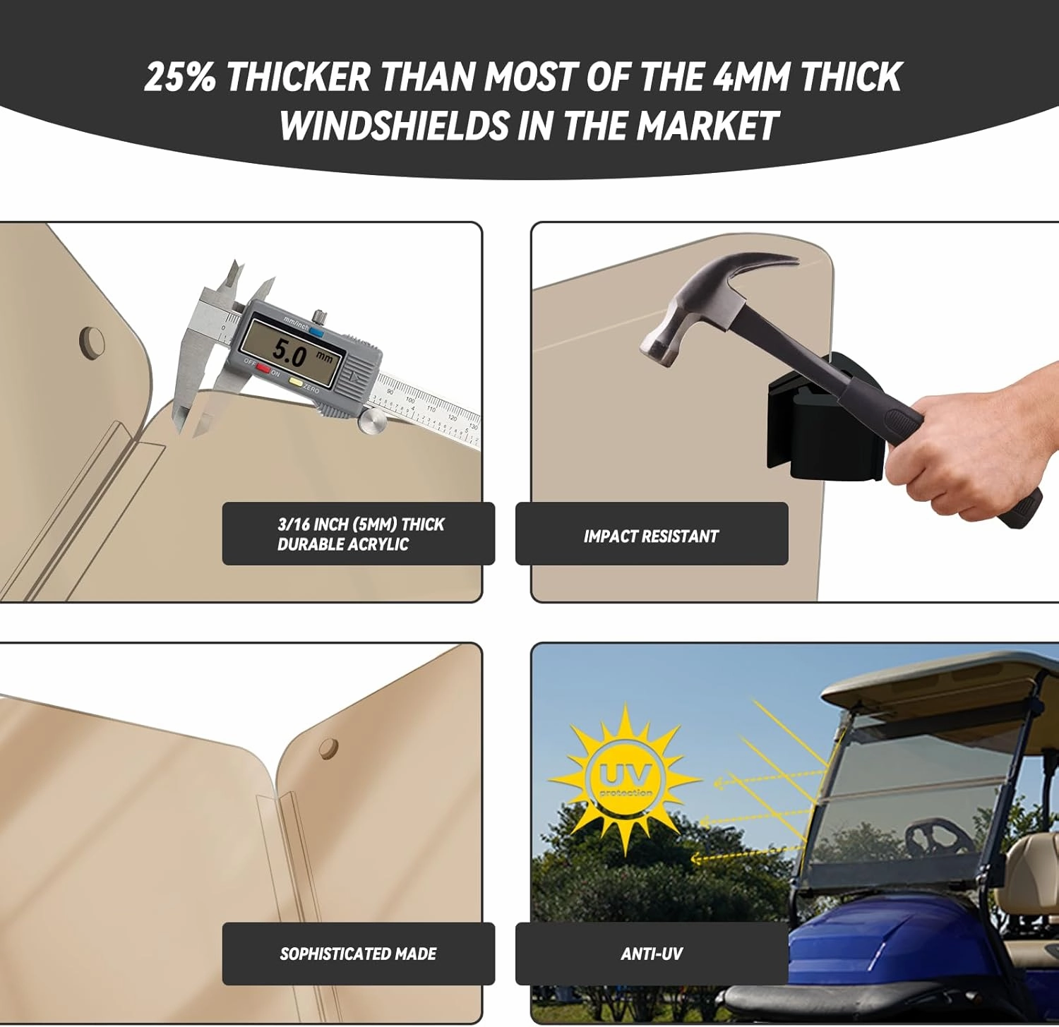 Golf Cart Windshield for Club Car DS Precedent, Clear/Tinted Fold Down Windshield Anti-UV Impact Resistant