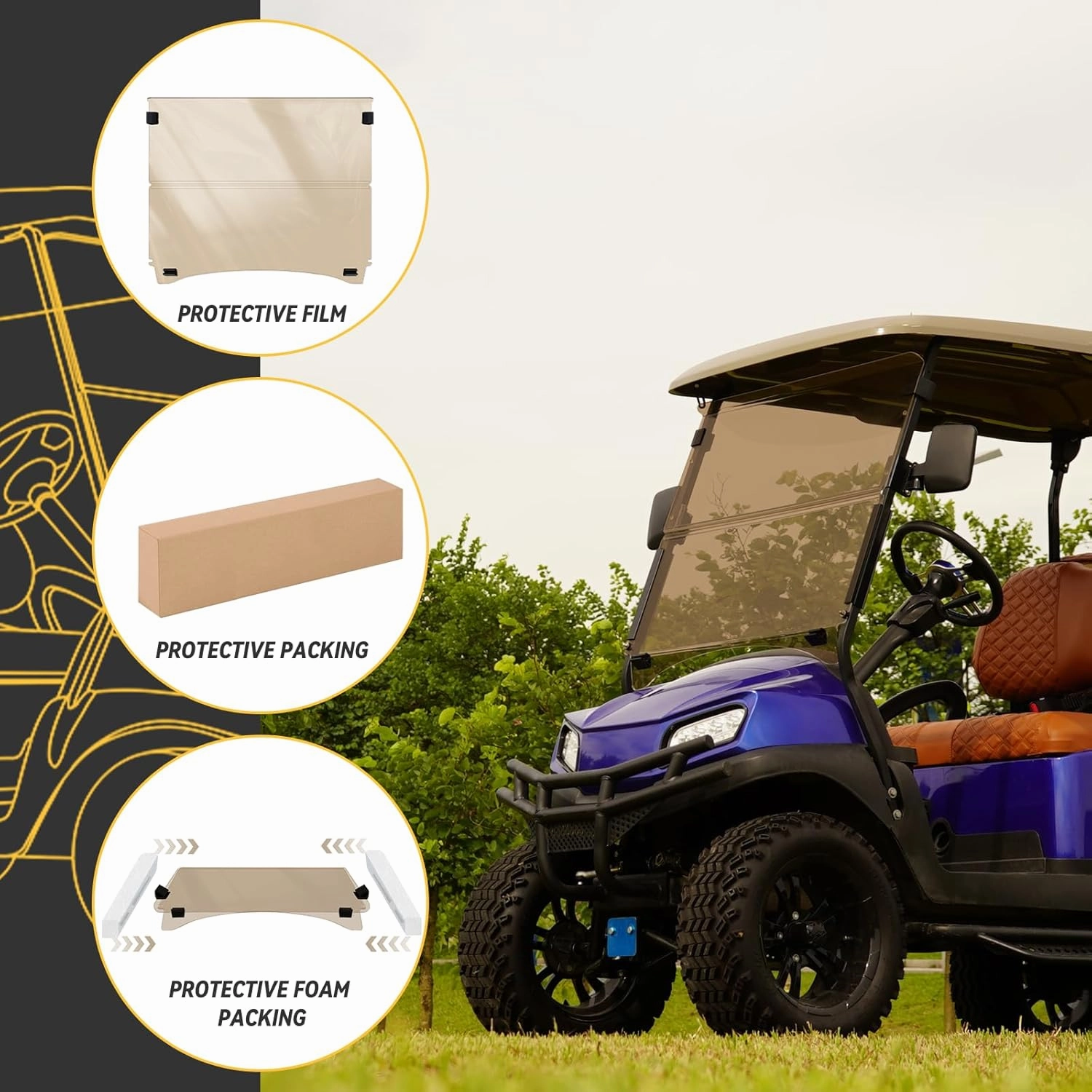 Golf Cart Windshield for Club Car DS Precedent, Clear/Tinted Fold Down Windshield Anti-UV Impact Resistant