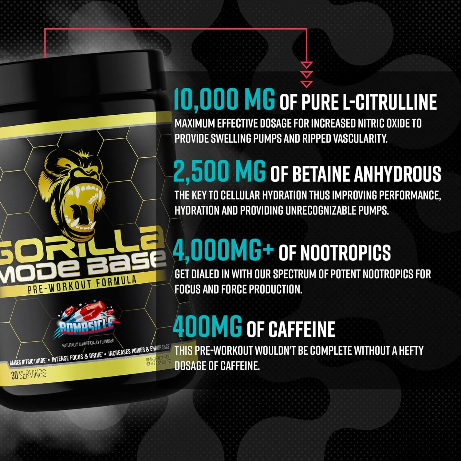 Gorilla Mind Base Pre Workout - Raises Nitric Oxide Intense Focus & Drive Endurance Power - L-Citrulline, L-Tyrosine, Betaine, Alpha-GPC, Caffeine, Huperzine A - 360 Grams (Bombsicle)