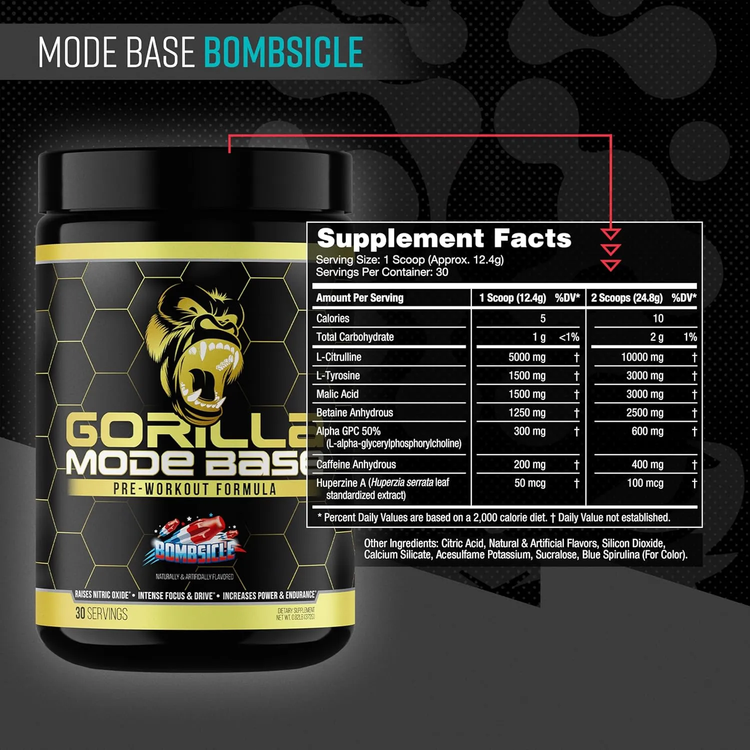 Gorilla Mind Base Pre Workout - Raises Nitric Oxide Intense Focus & Drive Endurance Power - L-Citrulline, L-Tyrosine, Betaine, Alpha-GPC, Caffeine, Huperzine A - 360 Grams (Bombsicle)