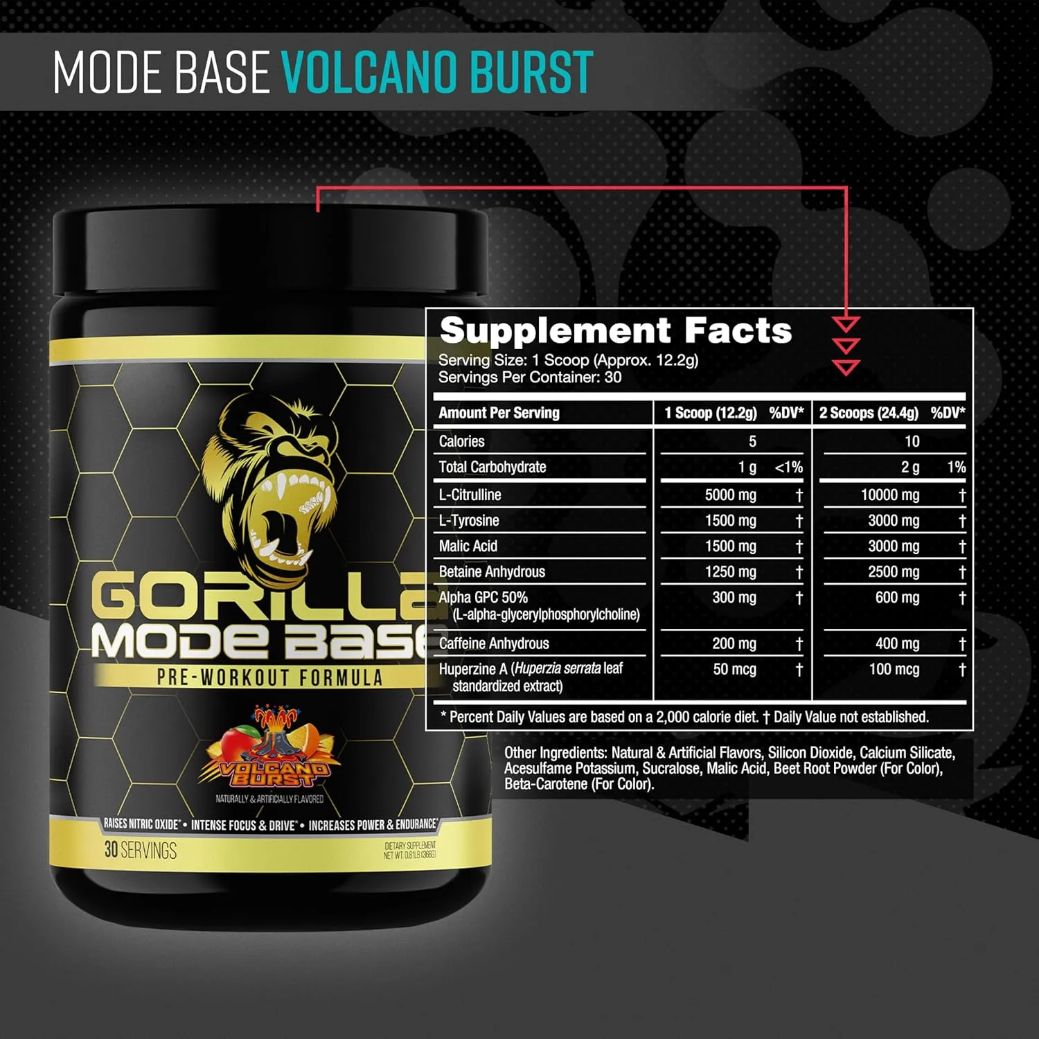 Gorilla Mind Base Pre Workout - Raises Nitric Oxide Intense Focus & Drive Endurance Power - L-Citrulline, L-Tyrosine, Betaine, Alpha-GPC, Caffeine, Huperzine A - 360 Grams (Volcano Burst)