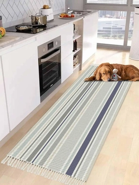 Gray Blue White Hallway Runner Rug 2X6 Ft Kitchen Carpet, Washable Woven Throw Carpet with Tassel, Modern Simple Abstract Stripes Lines Non-Shedding Bedroom Laundry Rugs