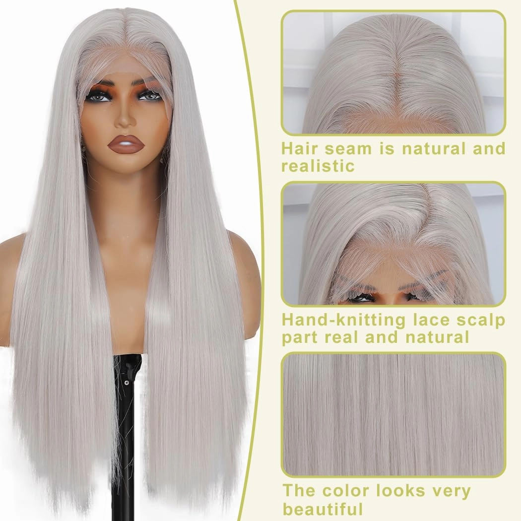 Gray Synthetic Lace Front Wig Pre-Plucked HD Glueless 13X4 Straight Gray Platinum Lace Wig For Black Women Ready to Wear Wigs, Beginner Friendly (26 Inch)