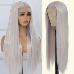 Gray Synthetic Lace Front Wig Pre-Plucked HD Glueless 13X4 Straight Gray Platinum Lace Wig For Black Women Ready to Wear Wigs, Beginner Friendly (26 Inch)