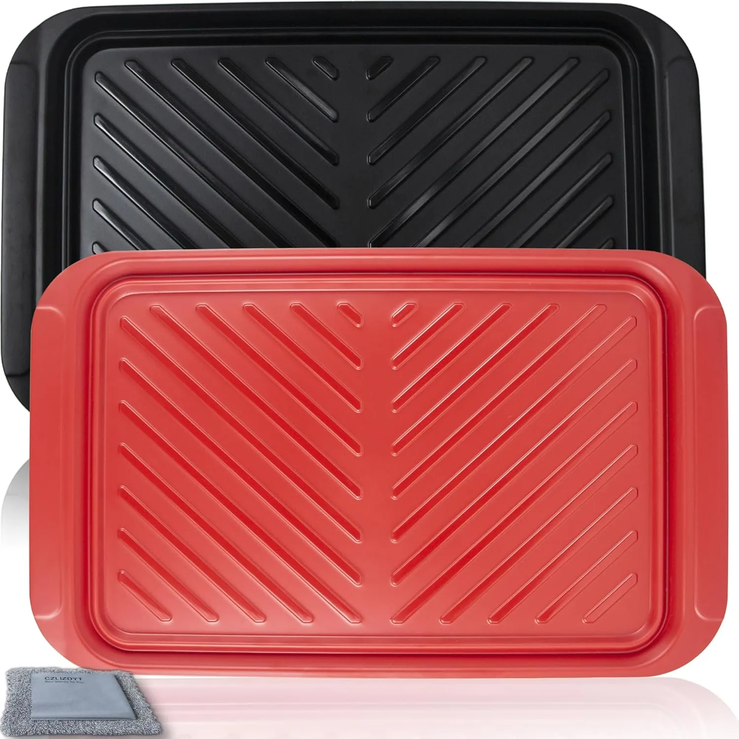 Grilling Prep and Serve Trays, BBQ Platter for Raw and Cooked Food, Melamine Serving Trays for Food, Set of 2, Black and Red, Napkin and Cleaning Clothes Included