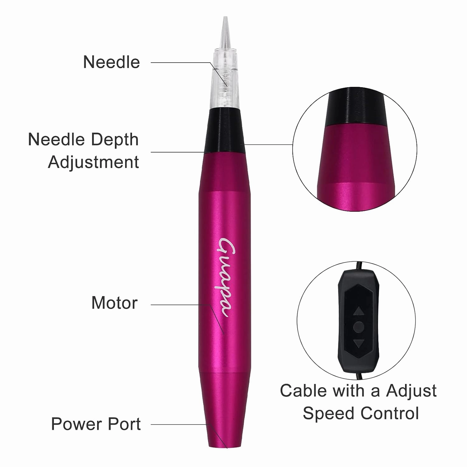 Guapa Portable Permanent Makeup Pen Machine - Lightweight, Ergonomic, Adjustable Needle Length for Professional Eyebrow, Eyeliner, Lip, and Body Art Beauty (Red)