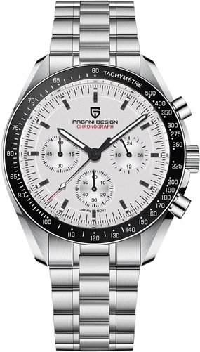 HaiQin Pagani Design 1701 Men's Chronograph Watch White Dial Japanese VK63 Quartz Movement Stainless Steel Strap 100m Waterproof Sports Wristwatch Date