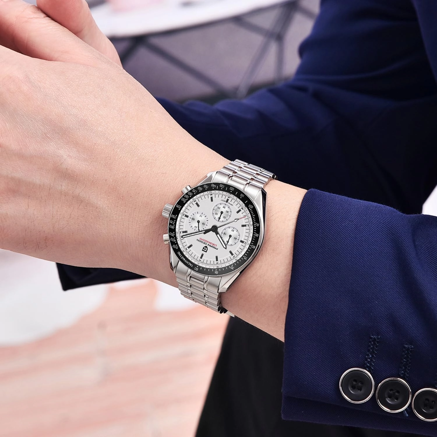 HaiQin Pagani Design 1701 Men's Chronograph Watch White Dial Japanese VK63 Quartz Movement Stainless Steel Strap 100m Waterproof Sports Wristwatch Date