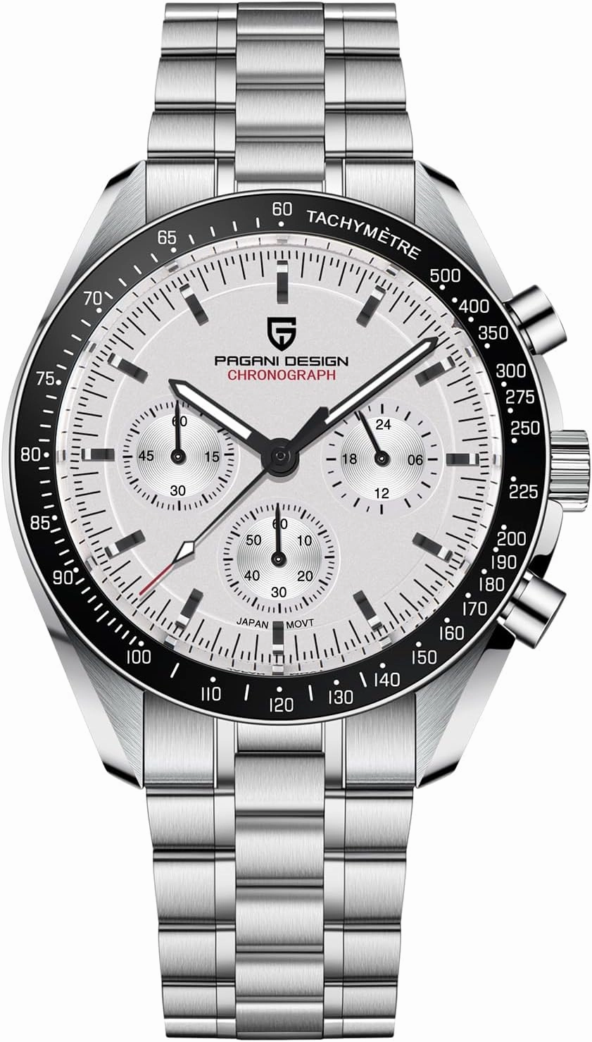HaiQin Pagani Design 1701 Men's Chronograph Watch White Dial Japanese VK63 Quartz Movement Stainless Steel Strap 100m Waterproof Sports Wristwatch Date