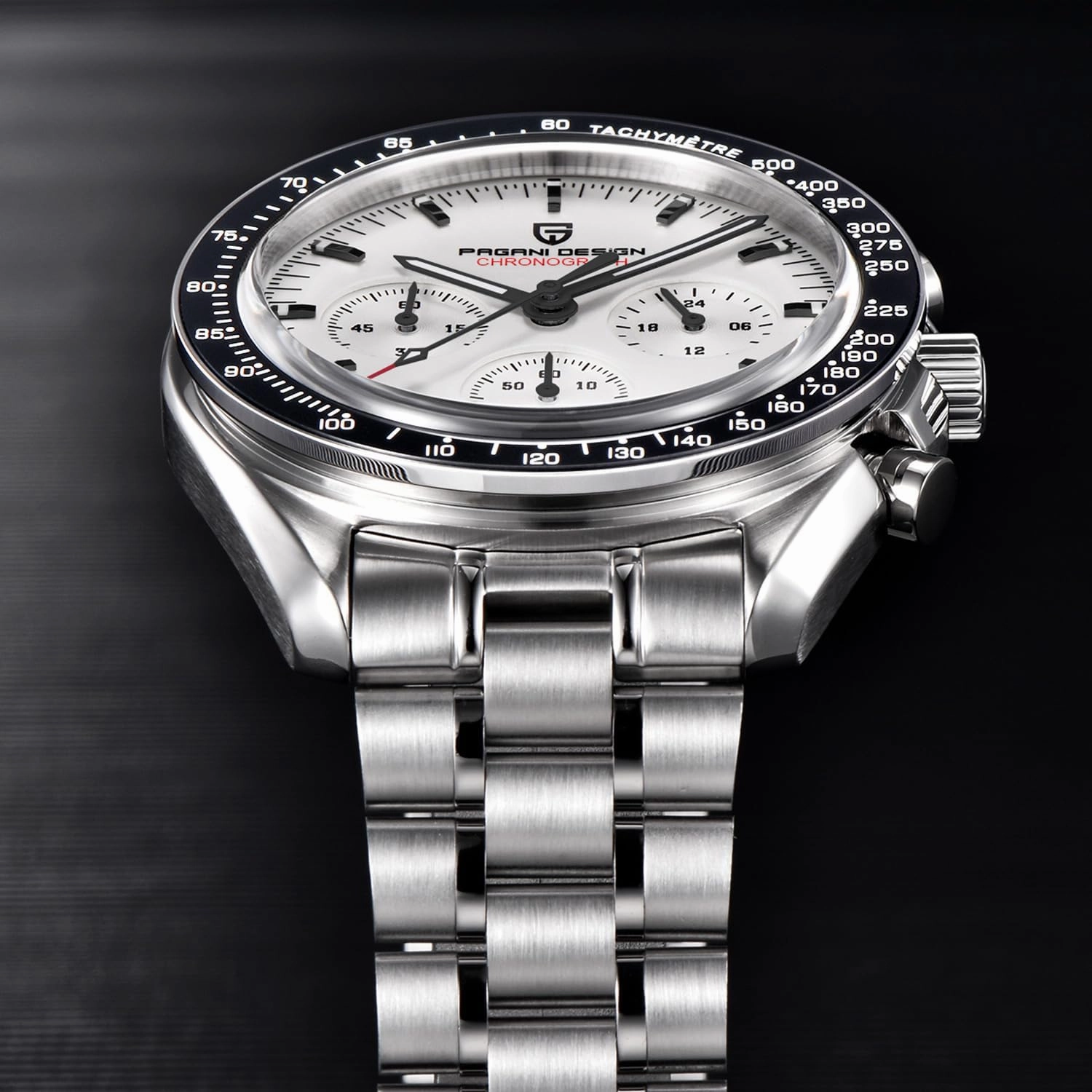 HaiQin Pagani Design 1701 Men's Chronograph Watch White Dial Japanese VK63 Quartz Movement Stainless Steel Strap 100m Waterproof Sports Wristwatch Date