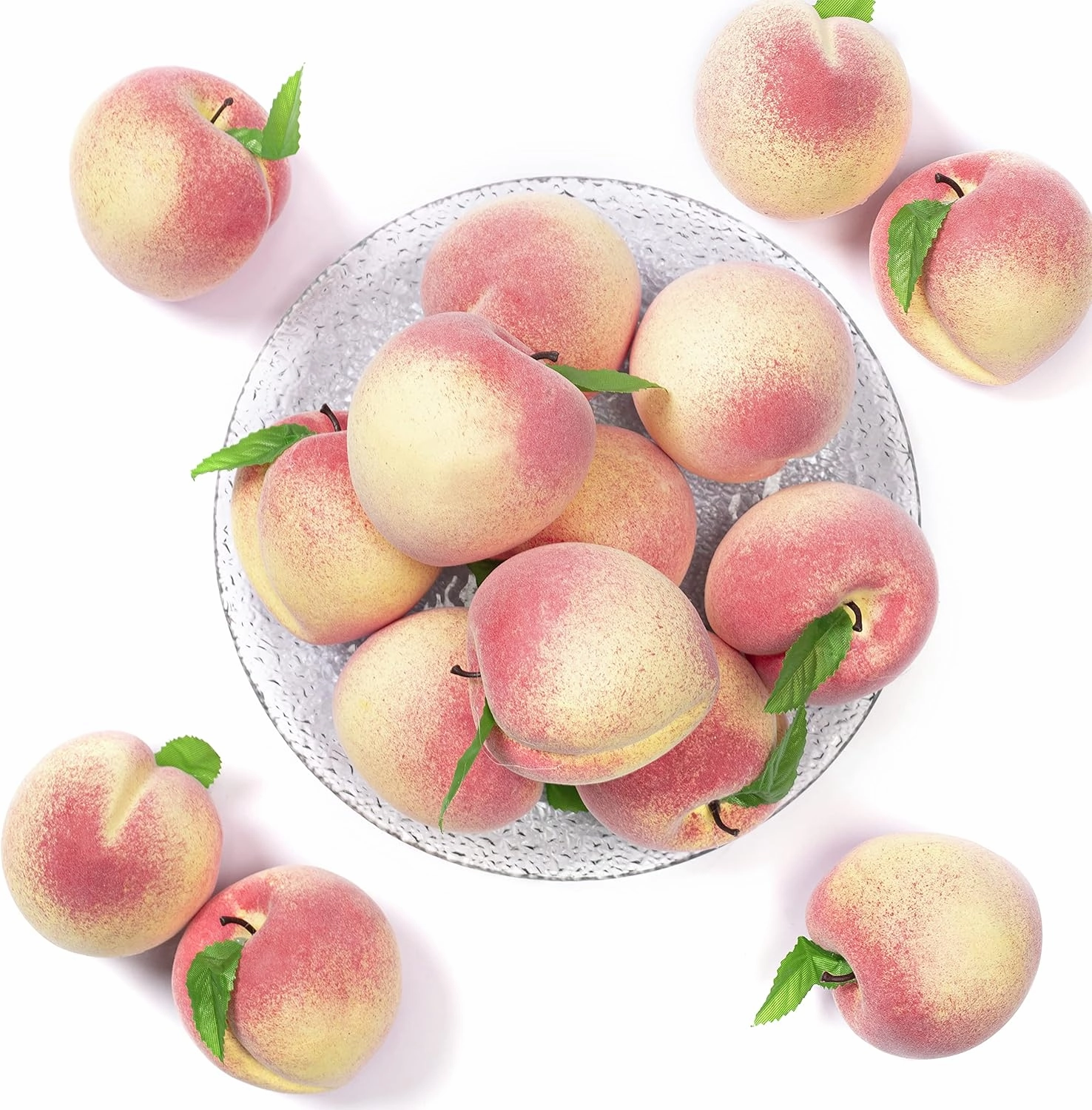 HAKACC Artificial Fruit Peach, 12PCS Fake Peaches Lifelike Pink Peach with Green Leaves Simulation Peach for Photo Props Kitchen Decor Food