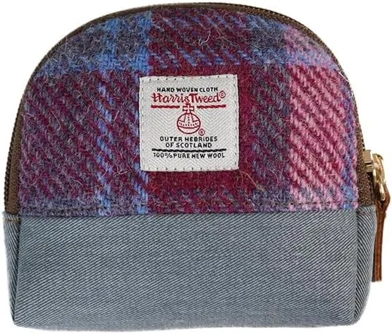 Harris Tweed Women’s Small Coin Purse | Period Bag | Canvas & Wool Change Pouch with YKK Zipper (Blue pink)