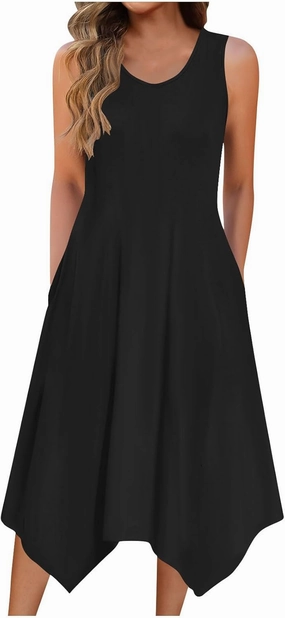 Hawaiian Dresses for Women Summer Casual Sleeveless Sundresses Fashion Hankerchief Flare Flowy Dress with Pockets