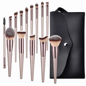 HBJWOV 14 Champagne Gold Wood Handle Makeup Brush Beauty Tools Foundation Make Up Eye Shadow Brush Set